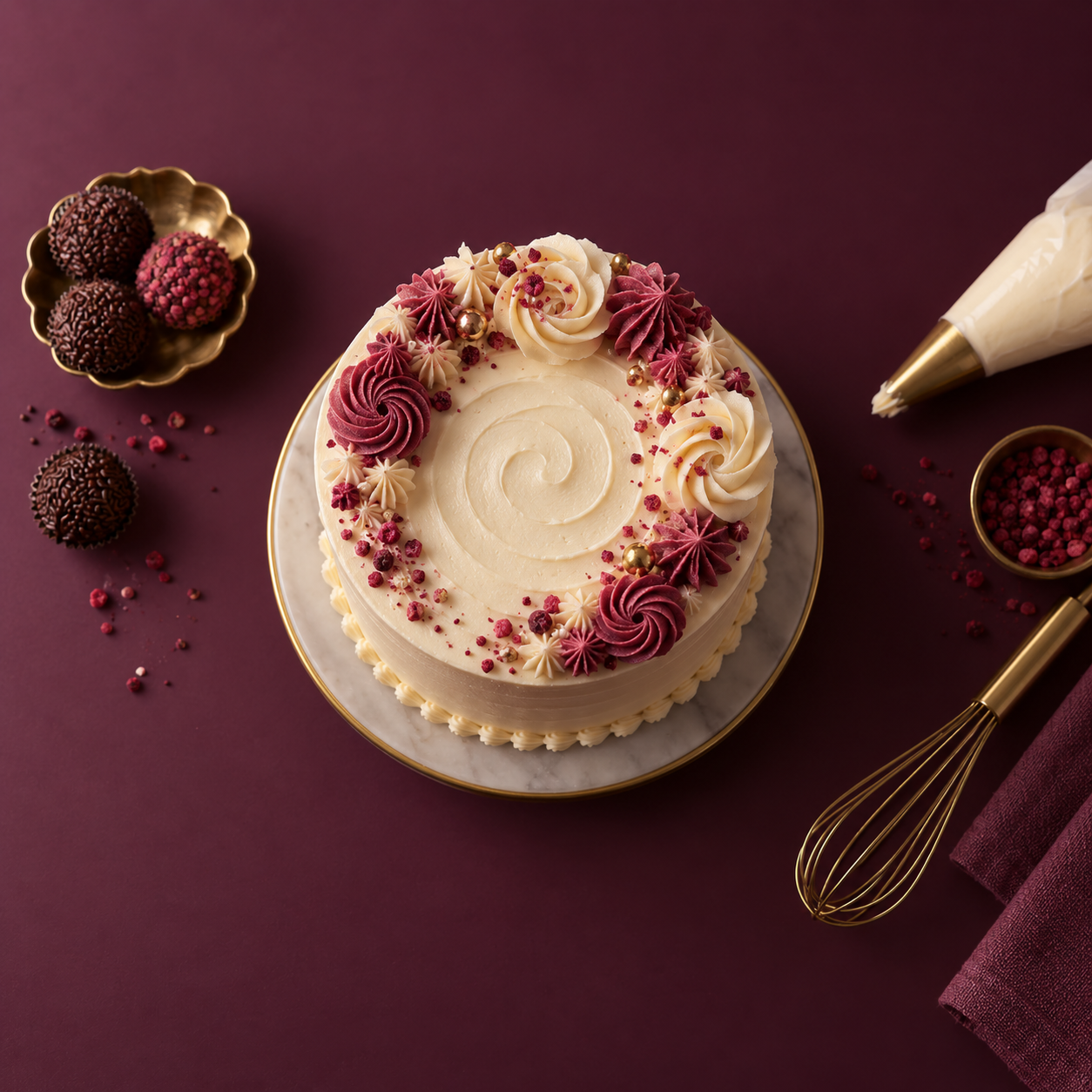 Bolo confeitado em tons de vinho e creme
